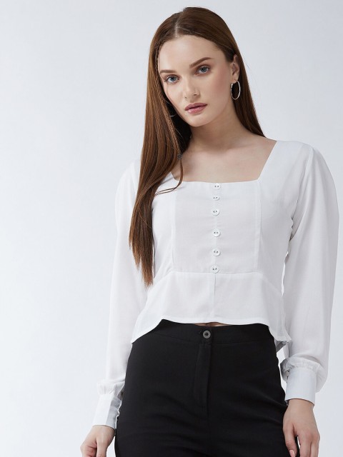 

Purple Feather Women White Crepe Regular Crop Top