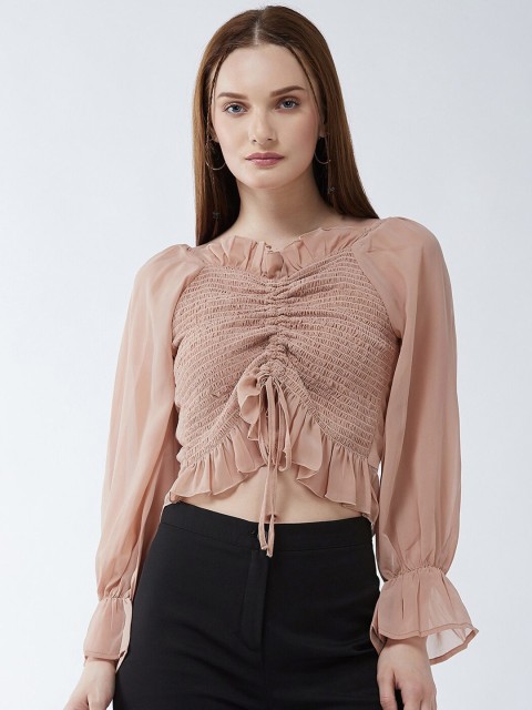 

Purple Feather Women Nude-Coloured Georgette Ruched Crop Top