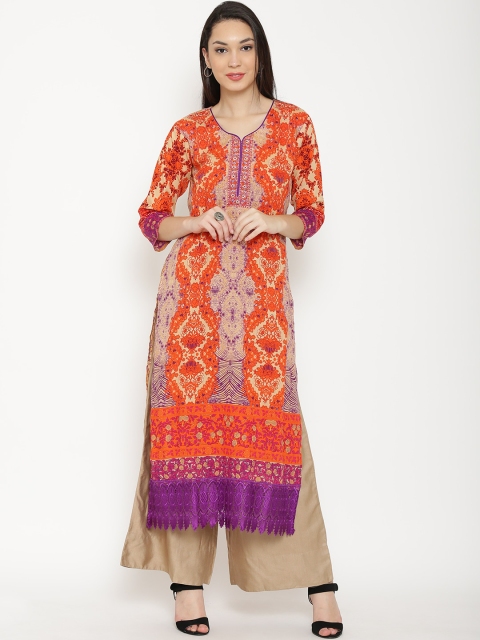 

Jashn Women Orange & Beige Printed Straight Kurta