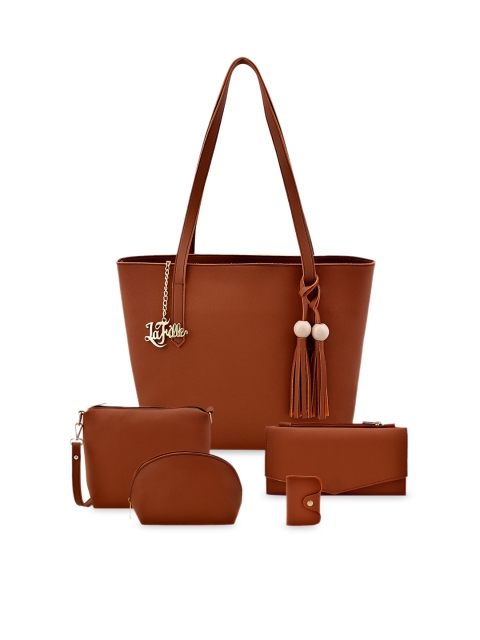 

LaFille Women Pack-5 Tan PU Structured Shoulder Bag with Tasselled