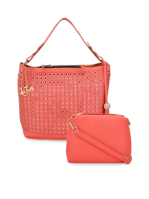 

LaFille Women Pack-2 Peach-Coloured PU Structured Handheld Bag with Cut Work