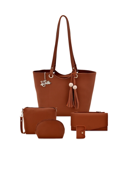 

LaFille Women Pack-5 Tan PU Structured Shoulder Bag with Tasselled