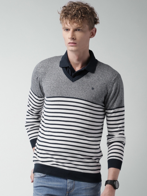 

Celio Men Navy Blue & White Striped Sweater