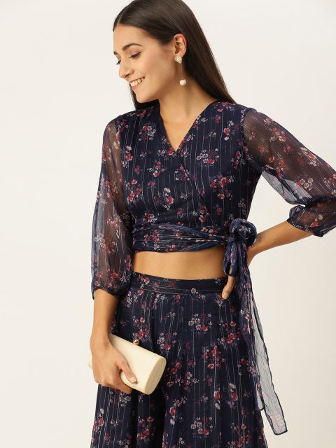 

AND Women Navy Blue Floral Printed Top with Skirt