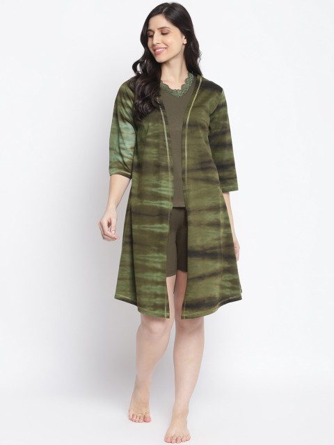 

Organza Women Olive-Color Solid T-Shirt & Shorts With Printed Longline Shrug Night Suit