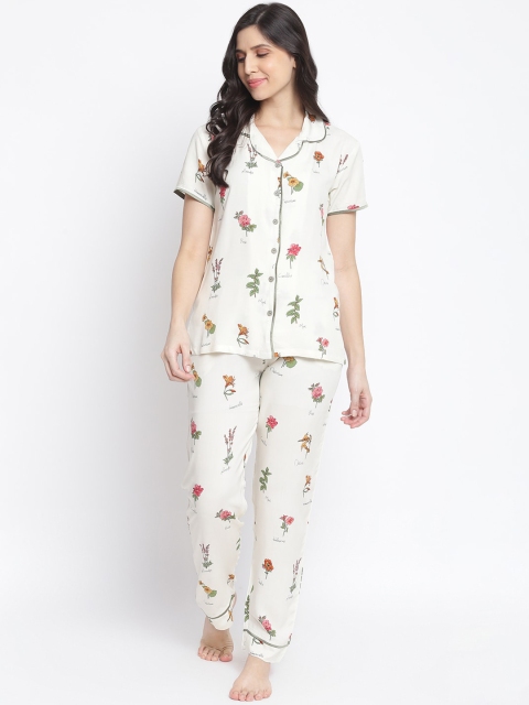 

Organza Women White Floral Printed Shirt & Pyjama Night Suit