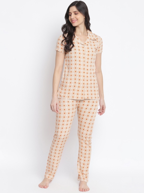 

Organza Women Peach Floral Printed Shirt & Pyjama Night Suit