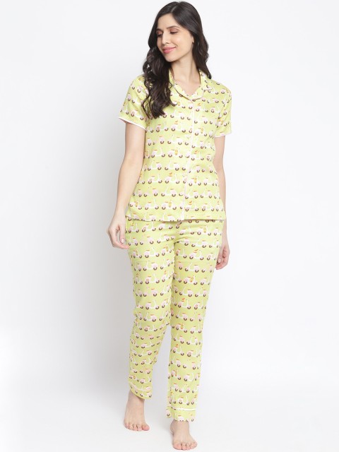 

Organza Women Pure Cotton Lime Green Printed Shirt & Pyjama Night Suit