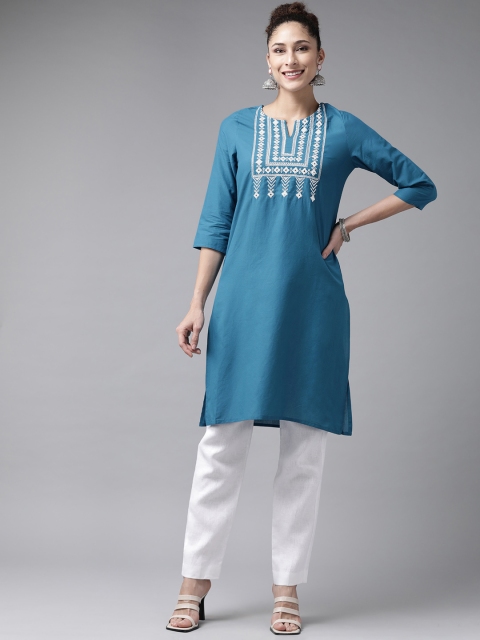 

ANMI Women Teal Blue Yoke Design Pure Cotton Mirror Work Kurta