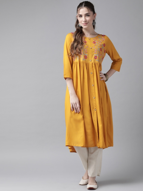 

ANMI Women Mustard Yellow & Pink Floral Yoke Design A-Line Kurta with Gathered Waist