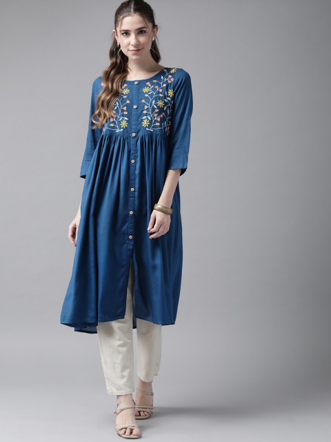 

ANMI Women Teal Blue & Yellow Floral Yoke Design A-Line Kurta with Gathered Waist
