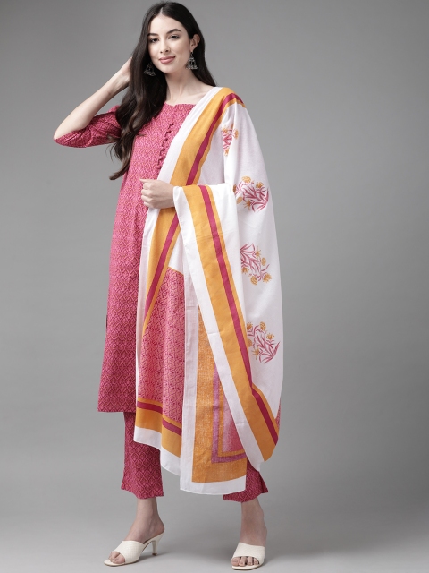 

ANMI Women Pink Floral Printed Regular Pure Cotton Kurta with Trousers & With Dupatta