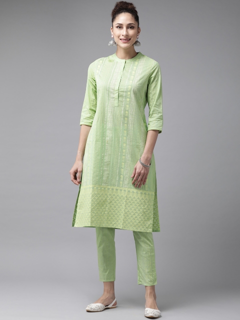 

ANMI Women Green Striped Regular Pure Cotton Kurta with Trousers