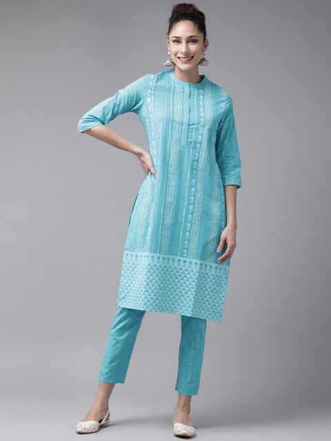 

ANMI Women Blue Printed Pure Cotton Kurta with Trousers