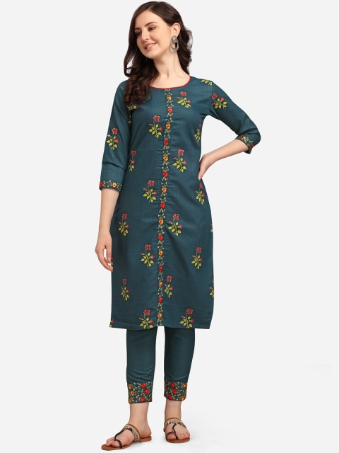 

Youthnic Women Teal Floral Embroidered Regular Kurta with Trousers