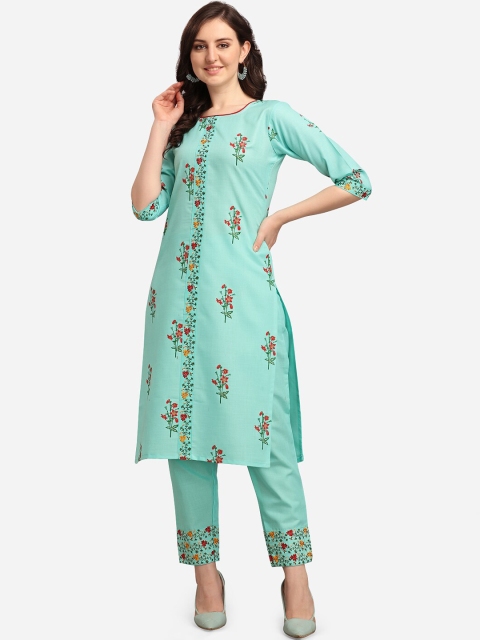 

Youthnic Women Sea Green Floral Embroidered Regular Kurta with Trousers