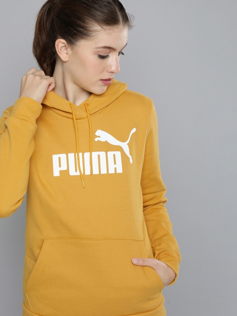 

Puma Women Mustard Yellow Logo Printed Essentials Hooded Pullover Sweatshirt