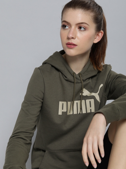 

Puma Women Olive Green Logo Printed Essentials Hooded Pullover Sweatshirt