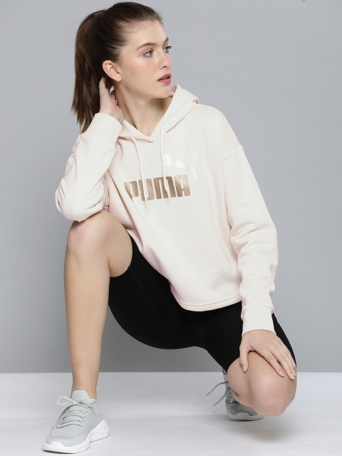 

Puma Women Cream And Gold-Toned Logo Printed Hooded Cropped Pullover Sweatshirt