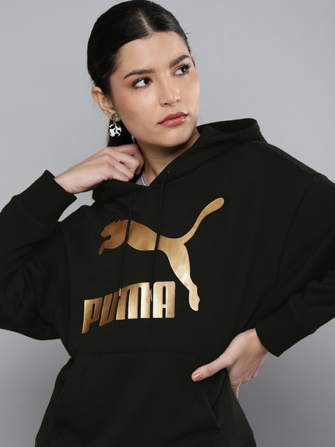 

Puma Women Black And Golden Logo Printed Hooded Sweatshirt