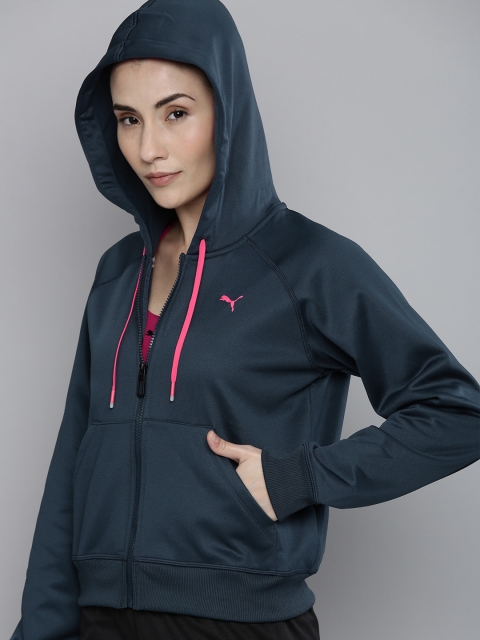 Puma Women Navy Blue POWER Fleece Full-Zip Warm Cell Hooded Training Sweatshirt