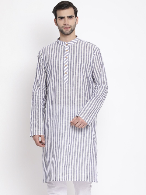 

VASTRAMAY Men Grey & White Striped Handloom Pure Cotton Kurta