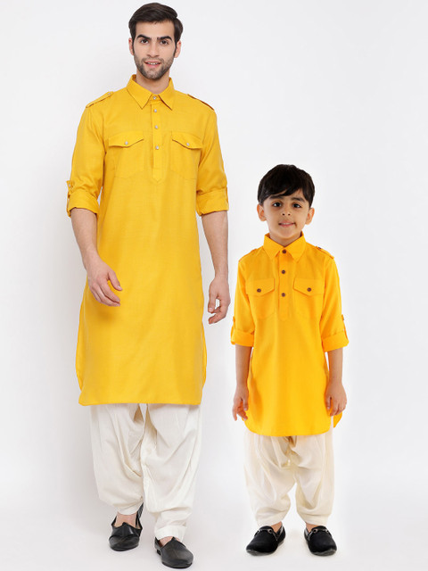 

VASTRAMAY Men Mustard Yellow & Cream-Coloured Pathani Kurta with Patiala
