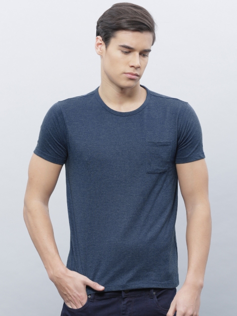 

ether Men Navy Solid Round Neck Nep T-Shirt With Patch Pocket, Navy blue