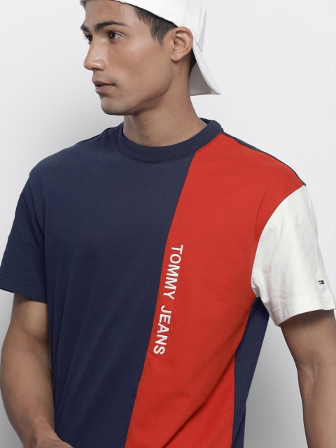 

Tommy Hilfiger Men Navy Blue & Red Colourblocked T-shirt with Printed Detail