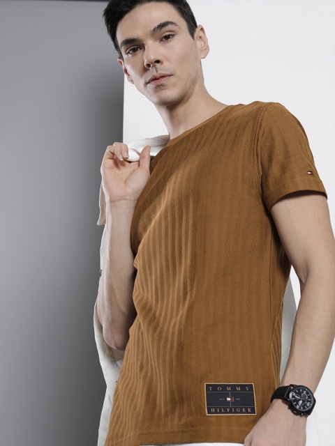 

Tommy Hilfiger Men Brown Self Striped Pure Cotton T-shirt