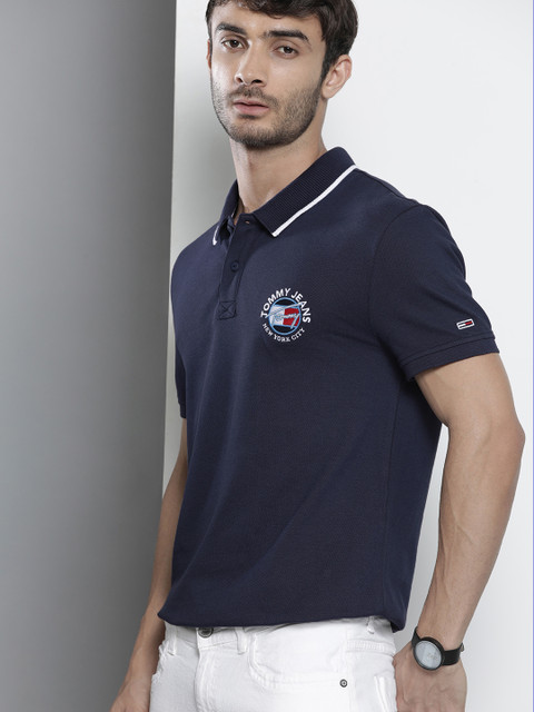 

Tommy Hilfiger Men Navy Blue Brand Logo Printed Polo Collar Pure Cotton T-shirt