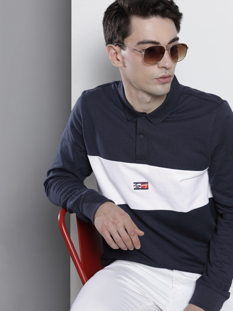 

Tommy Hilfiger Men Navy Blue & White Colourblocked Polo Collar Pure Cotton T-shirt