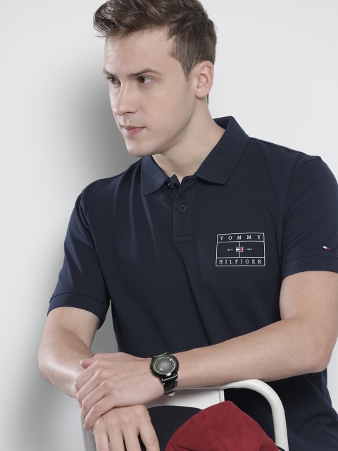 

Tommy Hilfiger Men Navy Blue Solid Pure Cotton Polo Collar T-shirt