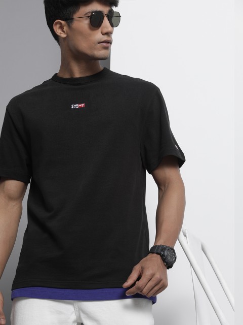 

Tommy Hilfiger Men Black Solid Layered Pure Cotton T-shirt with Embroidery