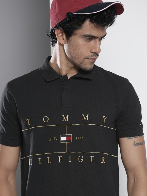 

Tommy Hilfiger Men Black Brand Logo Embroidered Polo Collar T-shirt