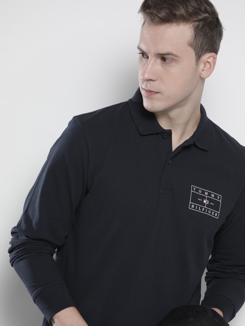 

Tommy Hilfiger Men Navy Blue Printed Detail Pure Cotton Polo Collar T-shirt
