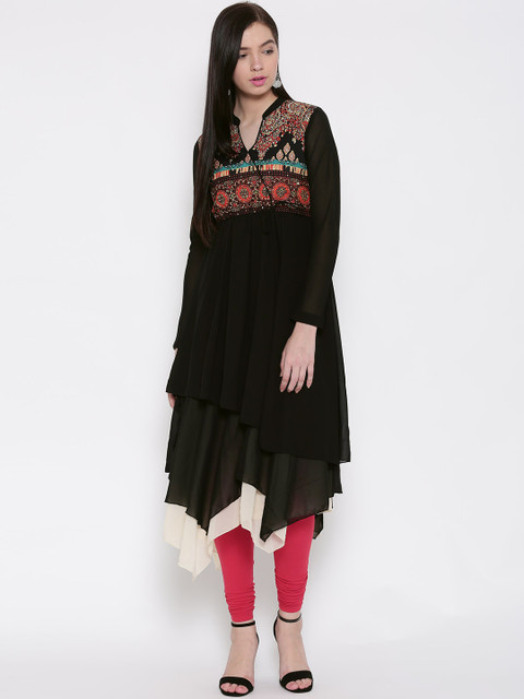 

Rain & Rainbow Women Black Printed Asymmetric A-Line Kurta