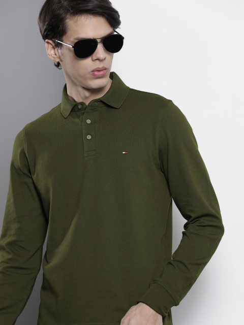 

Tommy Hilfiger Men Olive Green Solid Polo Collar Slim Fit T-shirt
