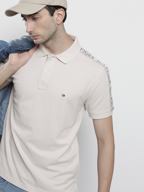 

Tommy Hilfiger Men Beige BRANDED SLEEVE TAPE Polo Collar Organic Cotton T-shirt