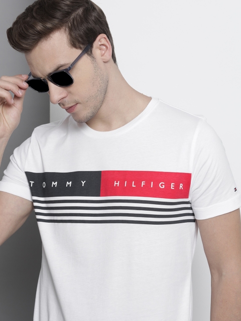 

Tommy Hilfiger Men White & Black Striped Organic Cotton T-shirt with Printed Detail