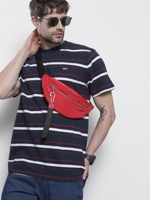

Tommy Hilfiger Men Navy Blue White Striped Pure Cotton T-shirt