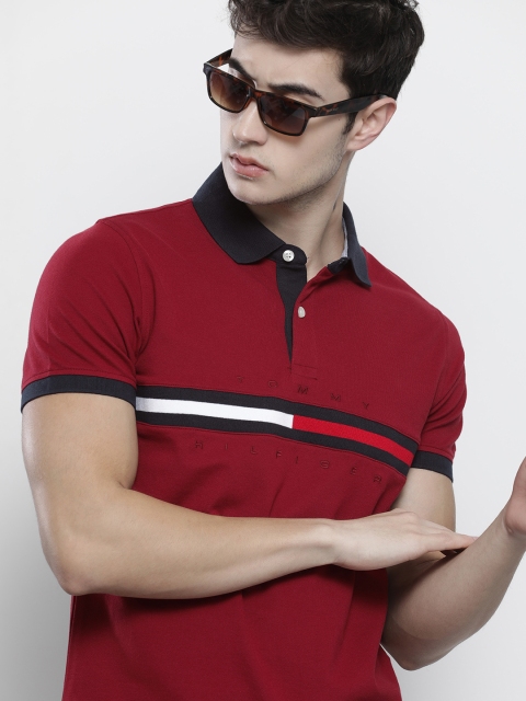 

Tommy Hilfiger Men Red & Black Striped Polo Collar T-shirt