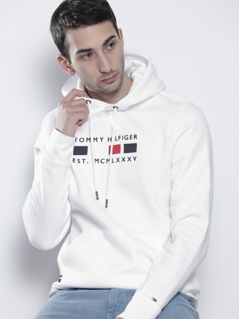 

Tommy Hilfiger Men White & Navy Brand Logo Embroidered Hooded Sweatshirt