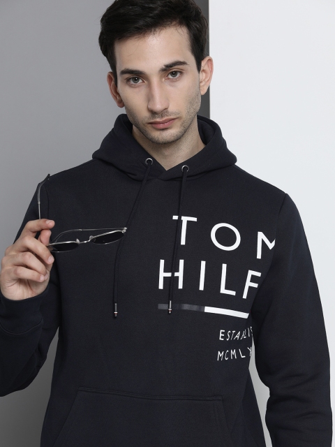 

Tommy Hilfiger Men Navy Blue Printed Hooded Sweatshirt