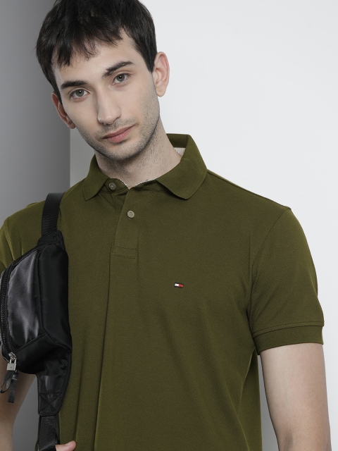

Tommy Hilfiger Men Olive Green Polo Collar Organic Cotton T-shirt