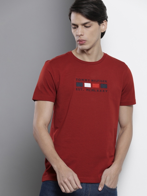 

Tommy Hilfiger Men Rust Red Brand Logo Embroidered Pure Cotton T-shirt