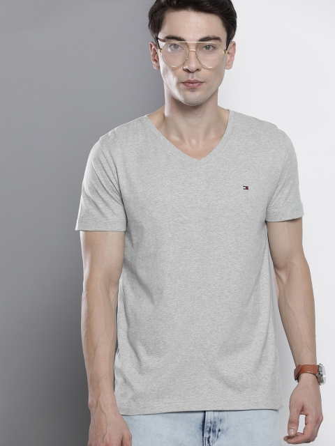 

Tommy Hilfiger Men Grey Melange V-Neck Solid Pure Cotton T-shirt