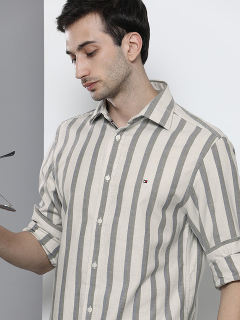 

Tommy Hilfiger Men Beige & Grey Striped Casual Shirt