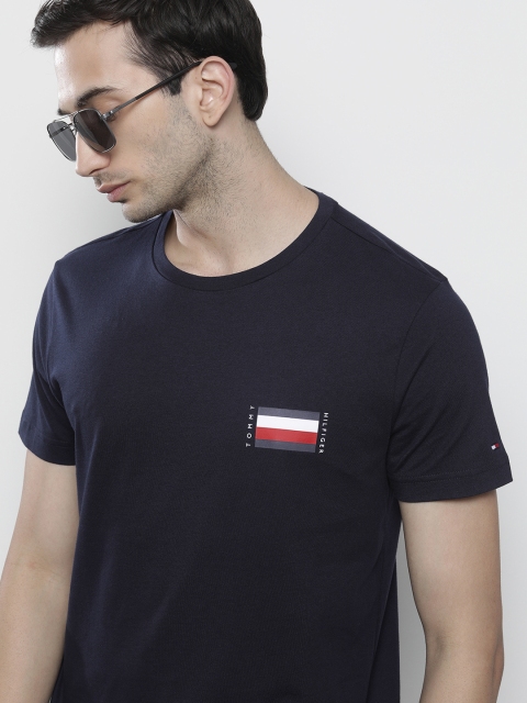 

Tommy Hilfiger Men Navy Blue Solid Pure Cotton T-shirt with Brand Logo Print