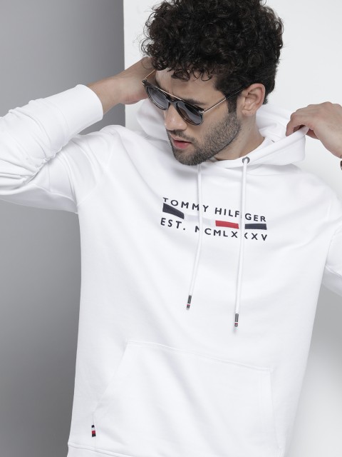 

Tommy Hilfiger Men White & Navy Blue Embroidered Organic Cotton Hooded Sweatshirt